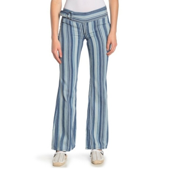 Free People We The Free Indigo Haze Journey Striped Flare Retro Pants - Picture 2 of 6